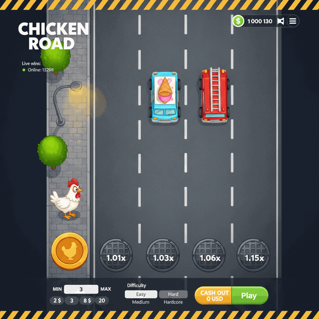 Chicken Road Crash-Spiel Spielbildschirm mit einem Cartoon-Huhn am Straßenrand, bereit mehrspurige Straßen zu überqueren, während Autos auf den Fahrspuren erscheinen und Multiplikatoren auf Kanaldeckeln angezeigt werden