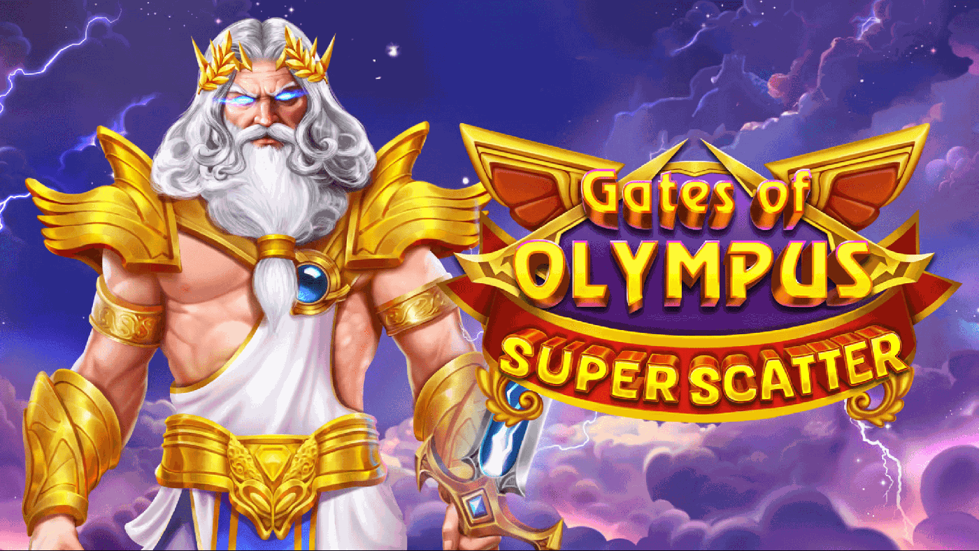 Dunkel gerahmte Szene aus Gates of Olympus Super Scatter mit Zeus vor violetten Wolken, dem 6x5 Walzenfeld mit rotem Sechseck, goldenem Muenzsymbol und Super Scatter Zeichen im goldenen Rahmen